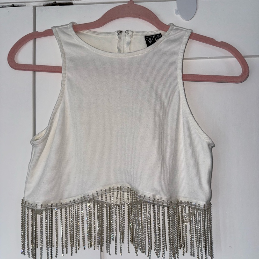 Windsor White Crop Top with Diamond fringe